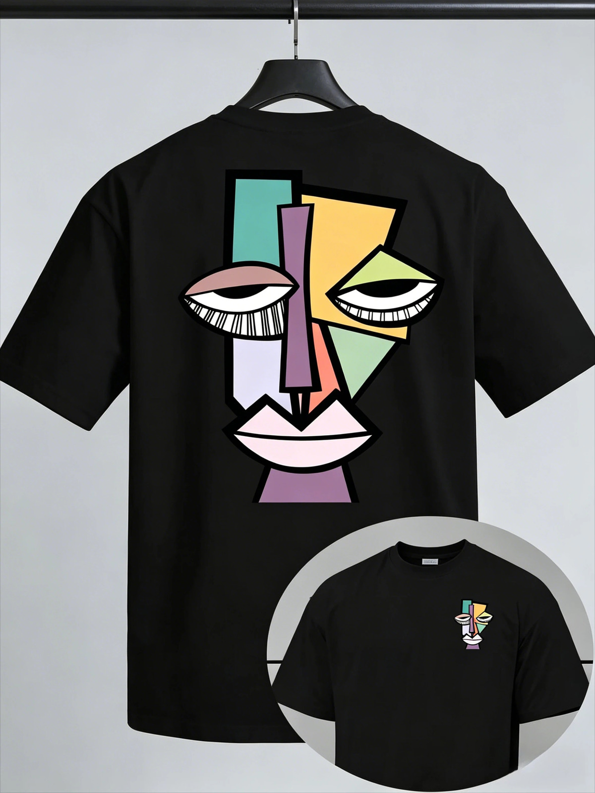 Abstract Geometric Face Graphic T Shirt for Men 100 Cotton Art Cubism Portrait Casual Short Sleeve Black 2026 260421