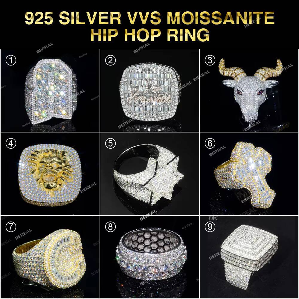 Wholesale Vvs Moissanite Hip Hop Ring Luxury Design Iced Out Baguette Cut Gold Plated 925 Silver Ring for Men Women