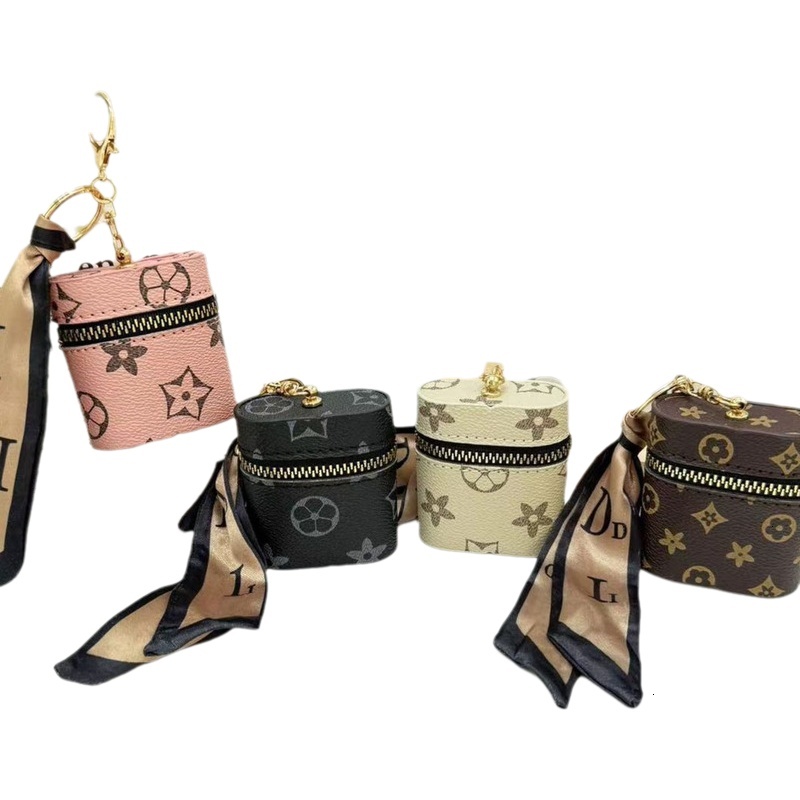 Luxury Designer Mini Cylinder Floral Coin Purse, Zipper Portable Storage Pouch with Silk Scarf Carabiner Keyring