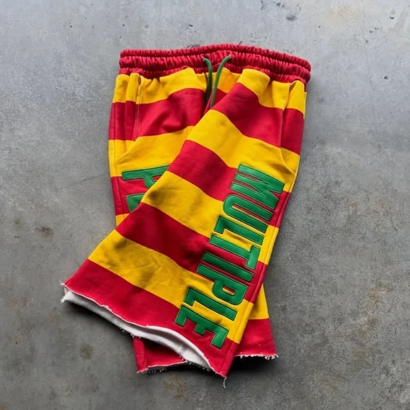 American Drawstring Stripe Knit Capris Shorts, Men's Y2K Casual Vacation Sweatpants Shorts - view 3