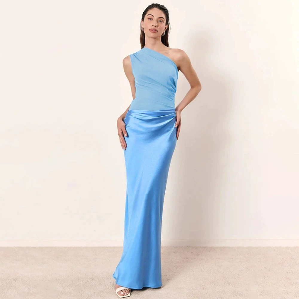 2025 One-shoulder Satin Sexy Sleeveless Maxi Dress Women Fashion Patchwork Slim Dress Female Elegant Evening Party Robes 260422BJ - view 5