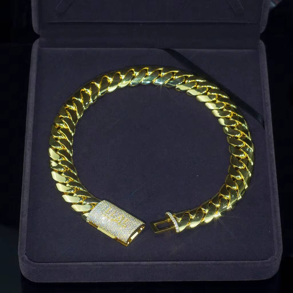 Factory Direat Gold Plated Moissanite Miami Cuban Chain Bracelet Iced Out Round Brilliant Cut 925 Silver Hip Hop Link Chain