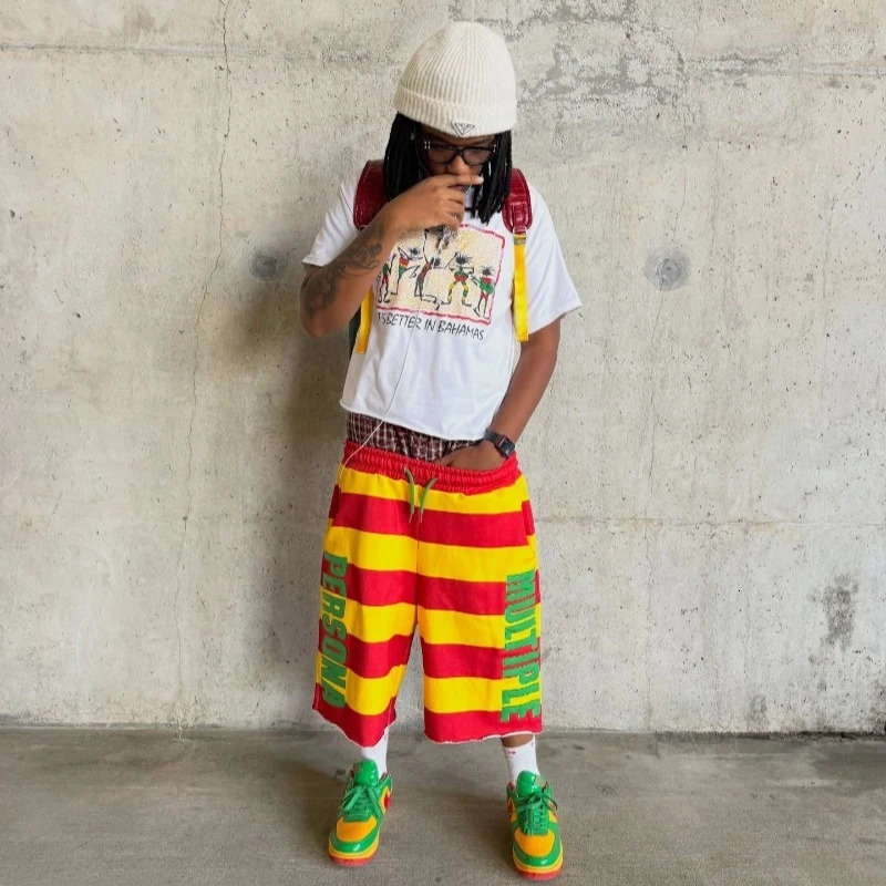 American Drawstring Stripe Knit Capris Shorts, Men's Y2K Casual Vacation Sweatpants Shorts - view 5