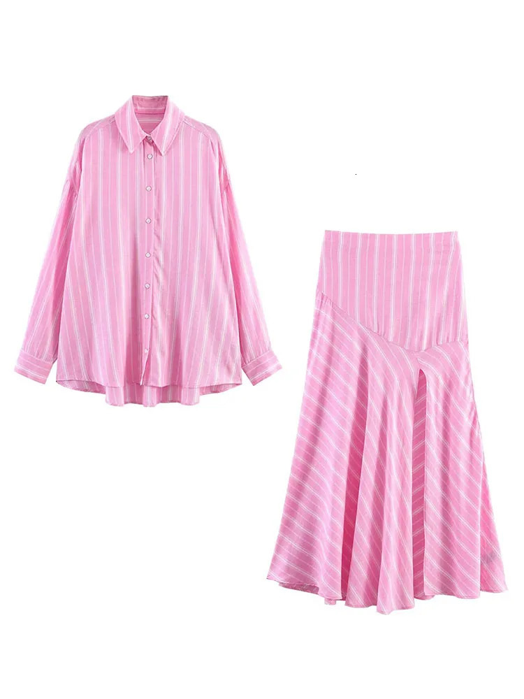 HH Women Fashion Skirt Suit Pink Stripes Long Sleeves Lapel Single Breasted Casual Shirt TopZipper Splicing Pleated Long Skirt 260420