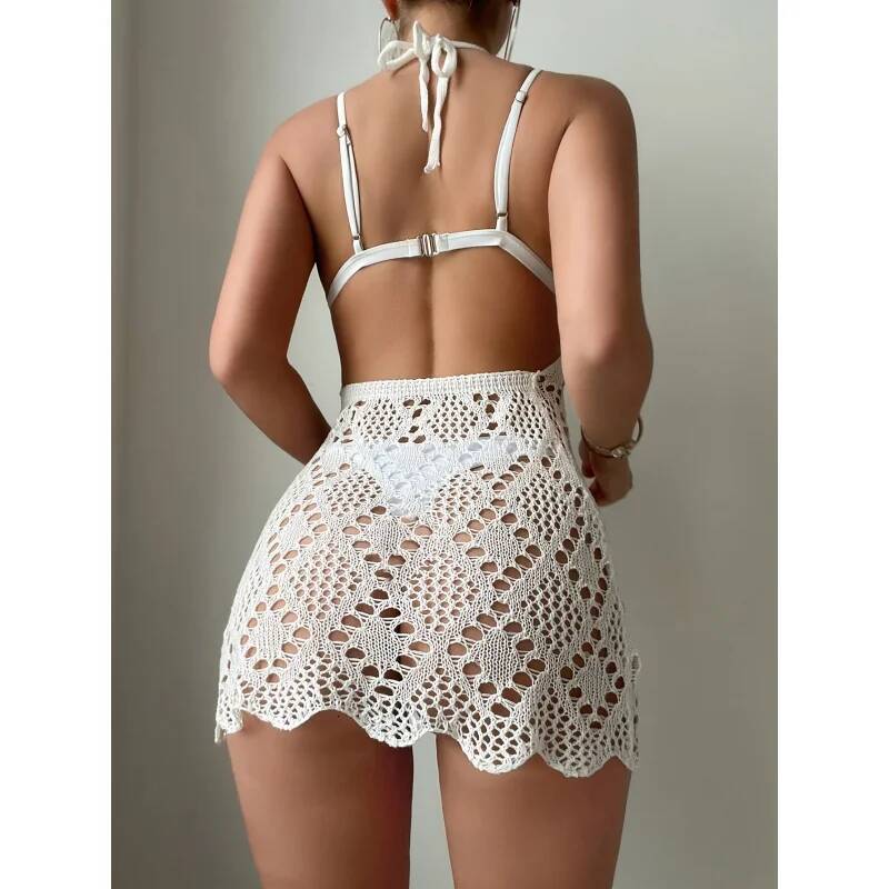 Women's Solid Color Halter Neck Tie Backless Semi-Transparent Hollow Diamond Pattern Crochet Casual Fashion Beach Wrap Dress dongdumaoyi