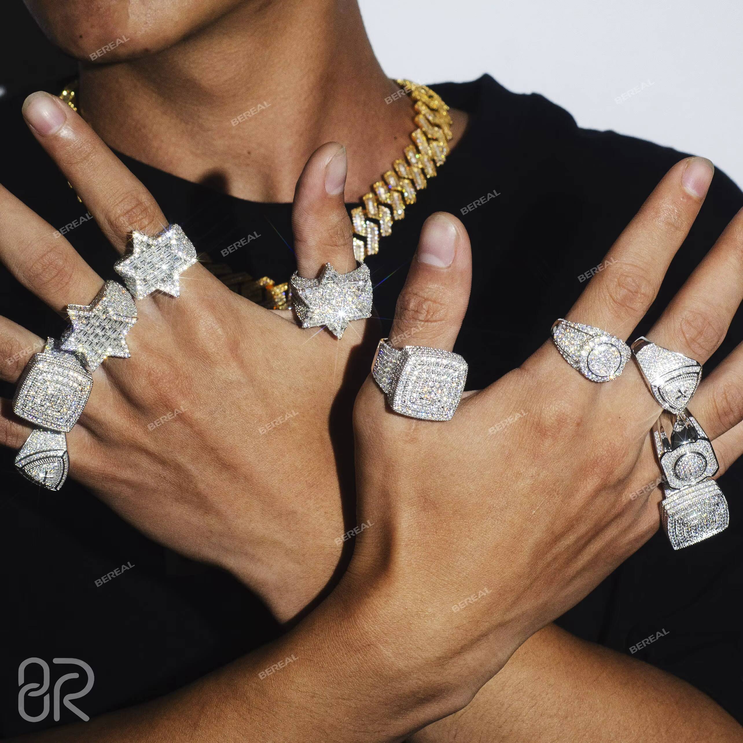 Wholesale Vvs Moissanite Hip Hop Ring Luxury Design Iced Out Baguette Cut Gold Plated 925 Silver Ring for Men Women