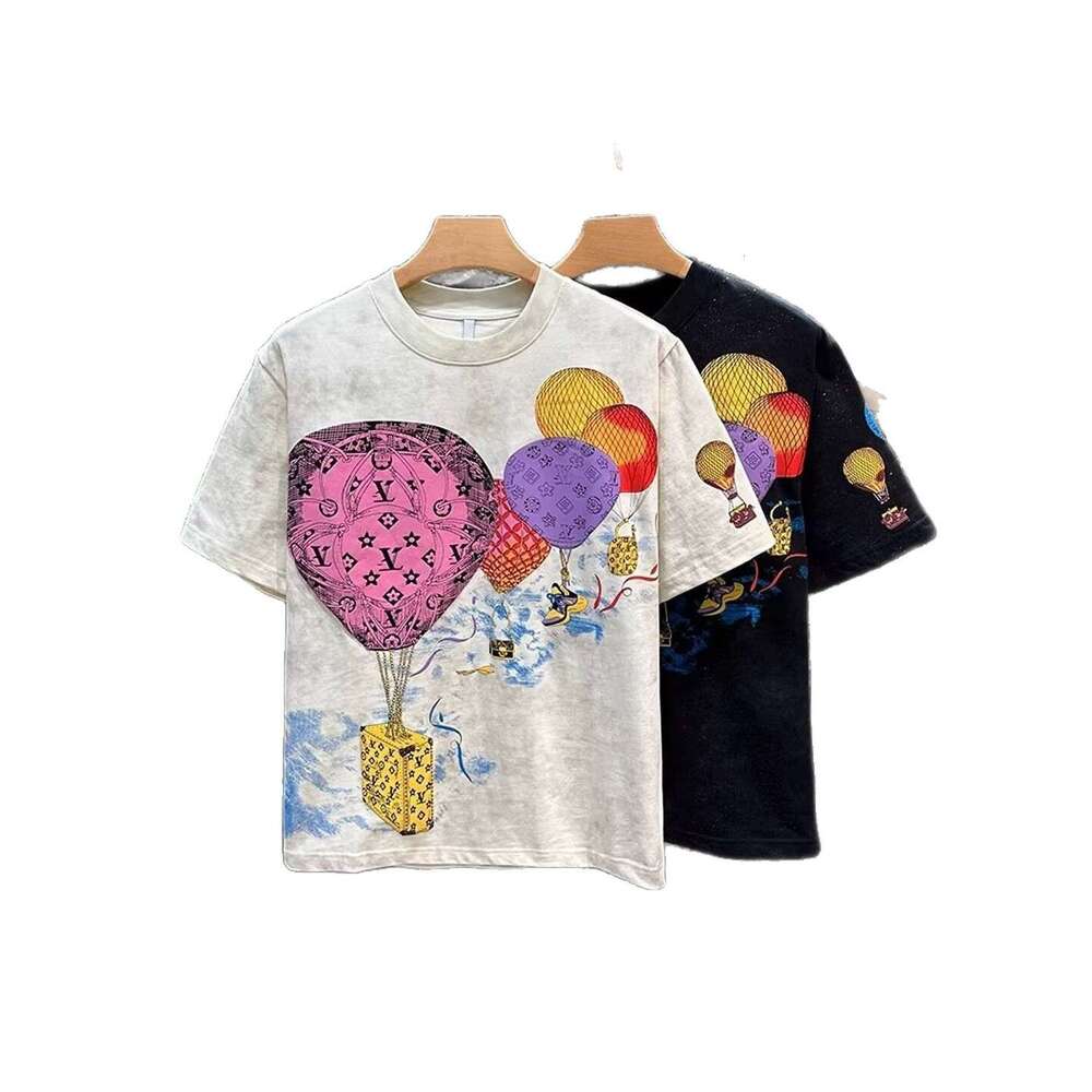 Men's Summer Crew Neck T Shirt Washed Tie Dye With Colorful Hot Air Balloon Monogram Print Short Sleeve Casual Streetwear Top For Daily Wear And 
