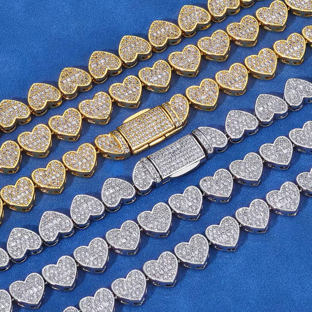 NUOYA Womens 8mm Tennis Chain 925 Silver Iced Out VVS Moissanite Mixed Inlay Baguette Heart Bracelet Hip Hop Fine Jewelry