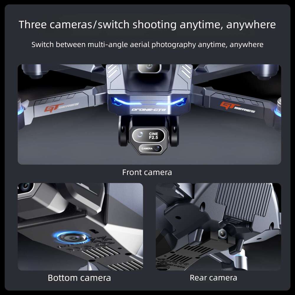 GT8 Brushless Drone 3 Lens Aerial Photography Foldable RC Quadcopter Long Endurance Altitude Hold One Key Return WiFi FPV Distance Alert Battery Displ