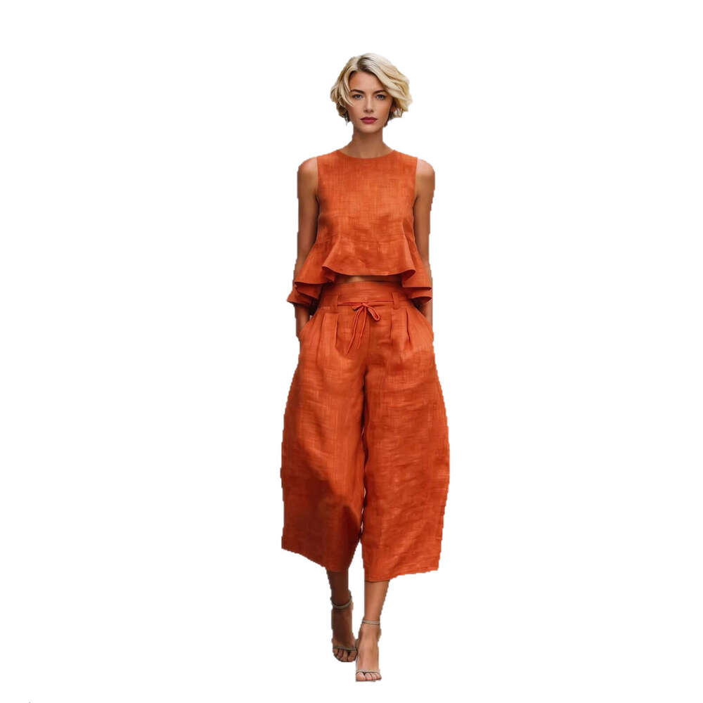 2026 New Arrival Summer Women Linen Blend Ruffle 2 Piece Set Casual Loose Streetwear Outfits MAKOUFEI MAKOUFEI