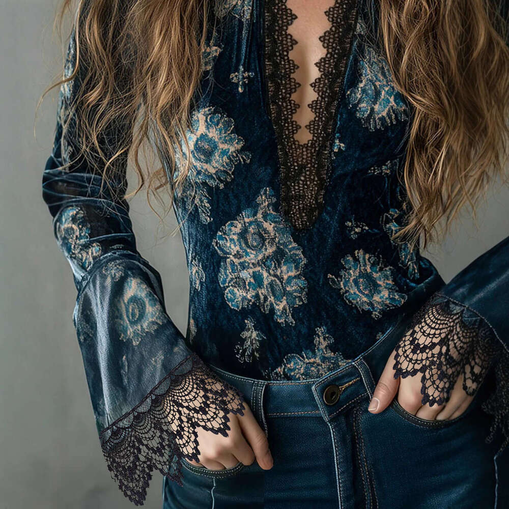 Elegant Velvet Pullover Top Women Lace Splicing V Neck Long Sleeve Bell Cuffs Fashion Casual Blouse MAKOUFEI