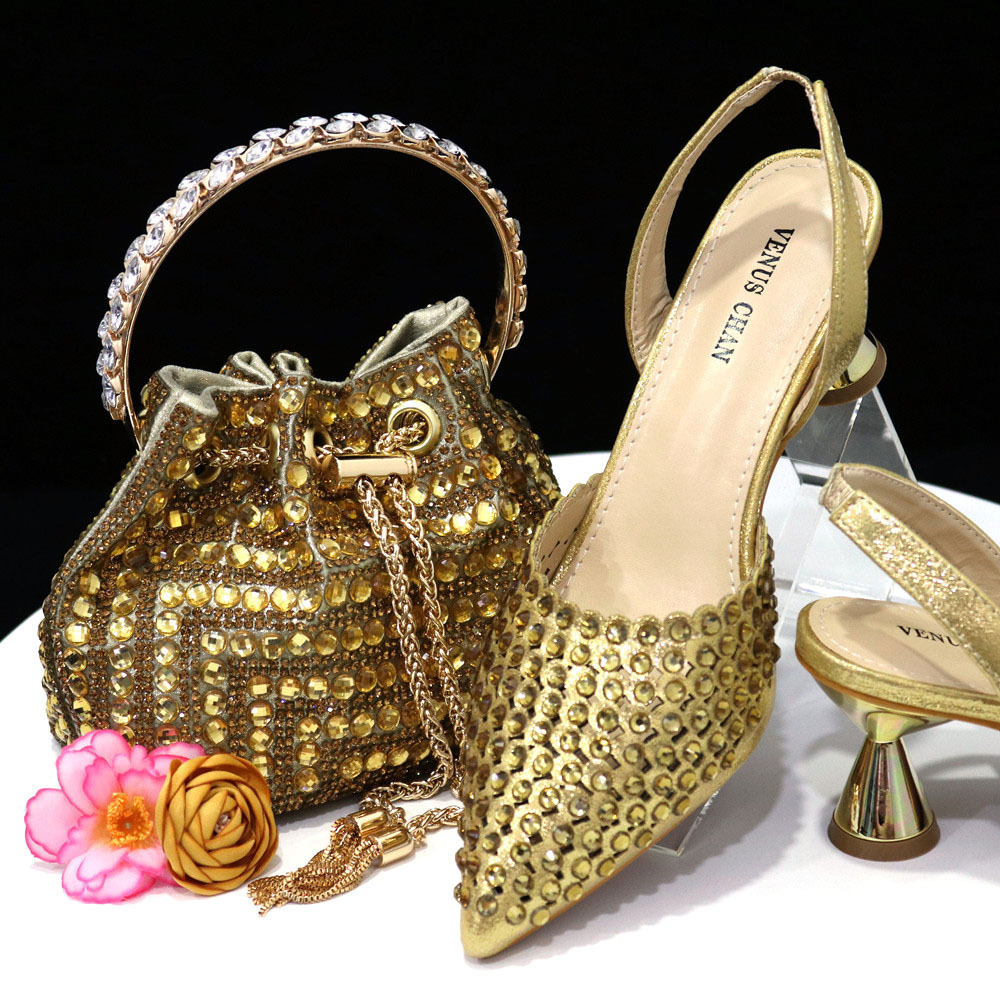 Chan Pointed Womens Heel Elegant Party Wine Color Full Diamond Pump Italian Shoes and Bag Matching Set 241015bj - view 6