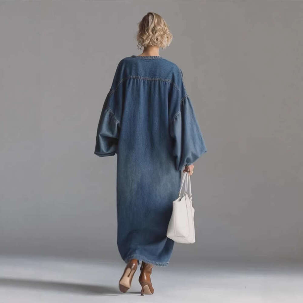 2026 Spring Women Vintage Washed Denim Midi Dress Polo Stand Collar Casual Plus Size Slim Party Dresses MAKOUFEI