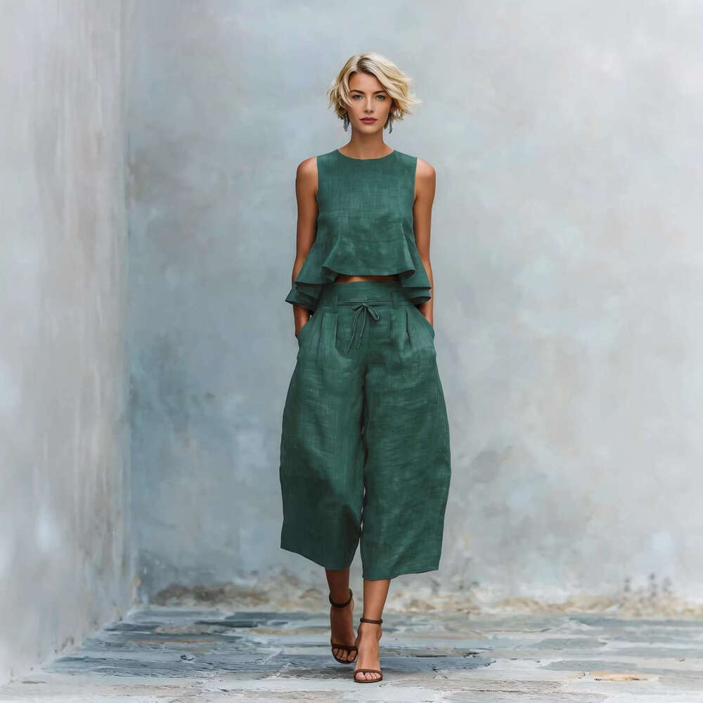2026 New Arrival Summer Women Linen Blend Ruffle 2 Piece Set Casual Loose Streetwear Outfits MAKOUFEI MAKOUFEI