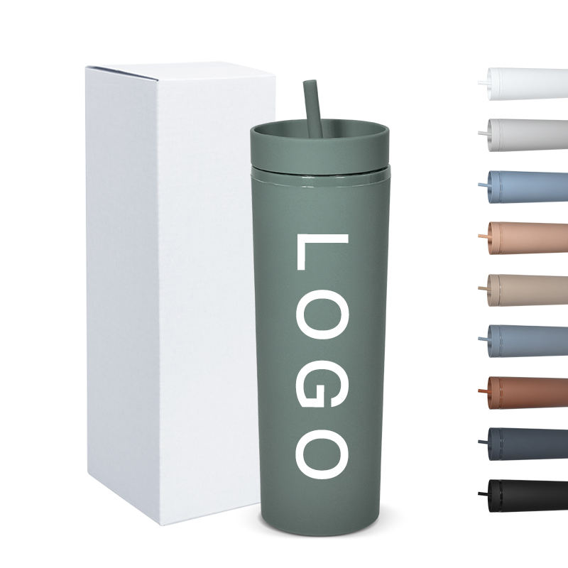 16oz matte frosted plastic Tumblers with lids straw macaron colors double walls straight skinny tumblers acrylic cups coffee cup