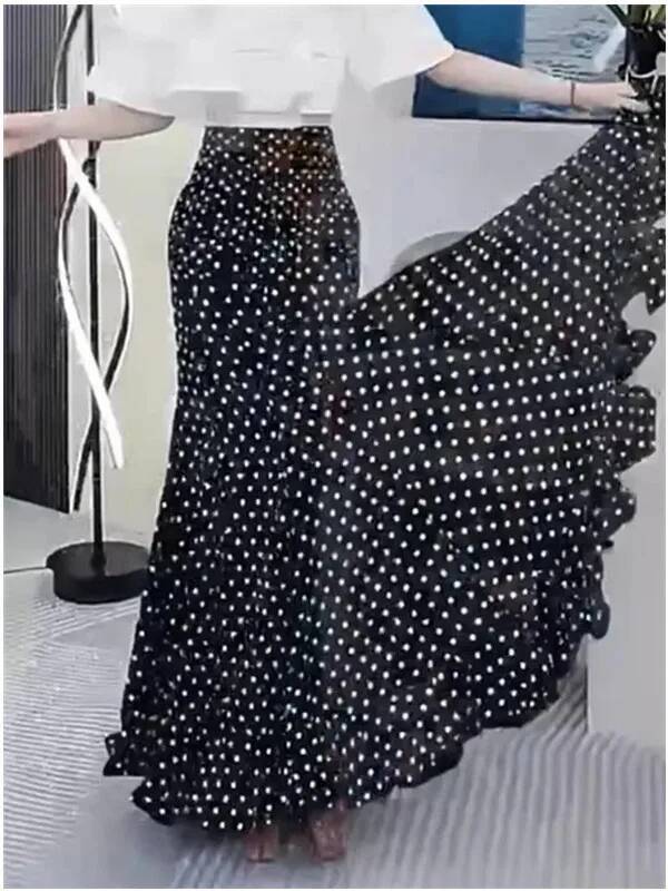 Elegant Black Polka Dot Fish Tail Women's Summer New Lightweight Luxury Style Half Draped Wrap around Skirt dongdumaoyi