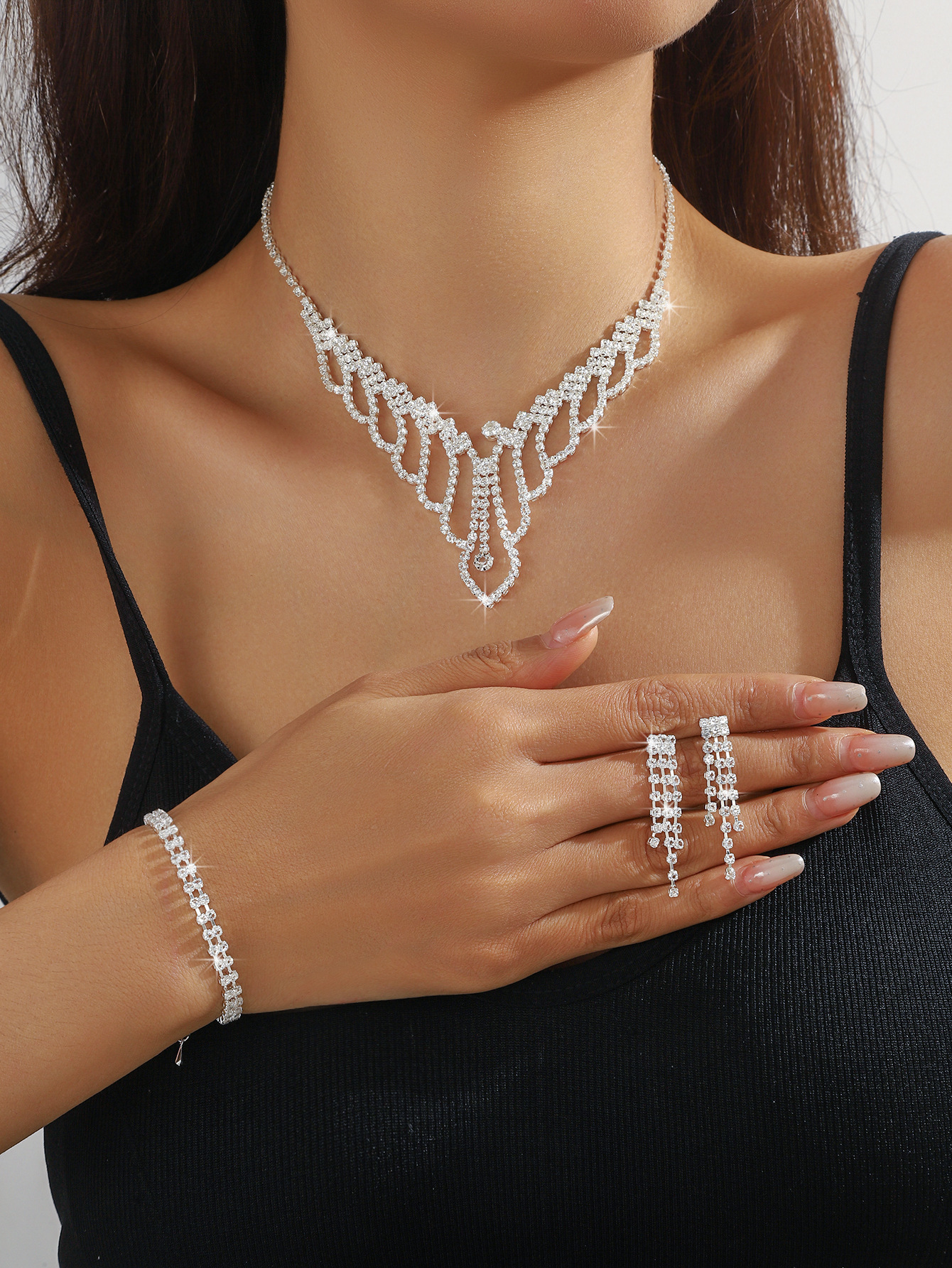 Royal Blue Crystal Bridal Jewelry Sets Rhinestone Statement Choker Necklace Earrings Women Wedding Jewelry Sets 260127