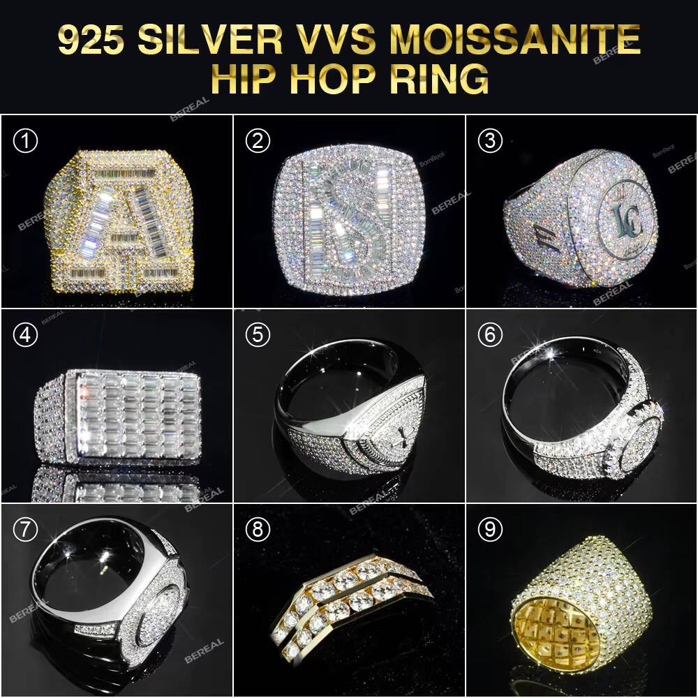 Wholesale Vvs Moissanite Hip Hop Ring Luxury Design Iced Out Baguette Cut Gold Plated 925 Silver Ring for Men Women