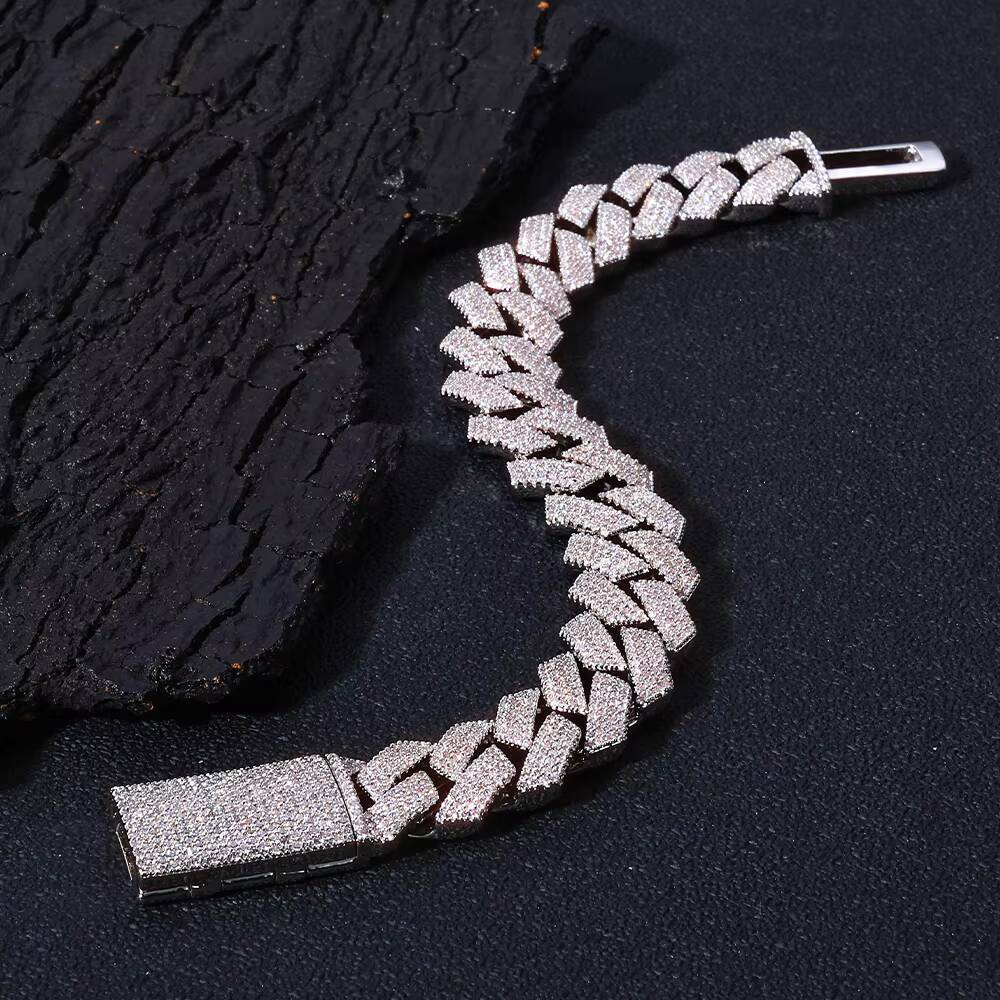 NUOYA Luxury Iced Out 15mm Cuban Link Bracelet 925 Silver Hip Hop Jewelry Shiny VVS Moissanite Mens Chain