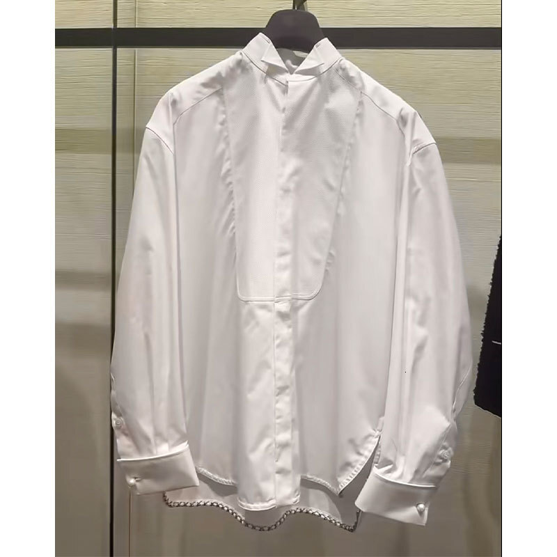 Ladies Summer New Chain Trim Cotton Shirt, Designer Vintage Luxury Single Breasted Lapel Oversized Blouse, Runway Letter Embroidery Elegant Wear For W
