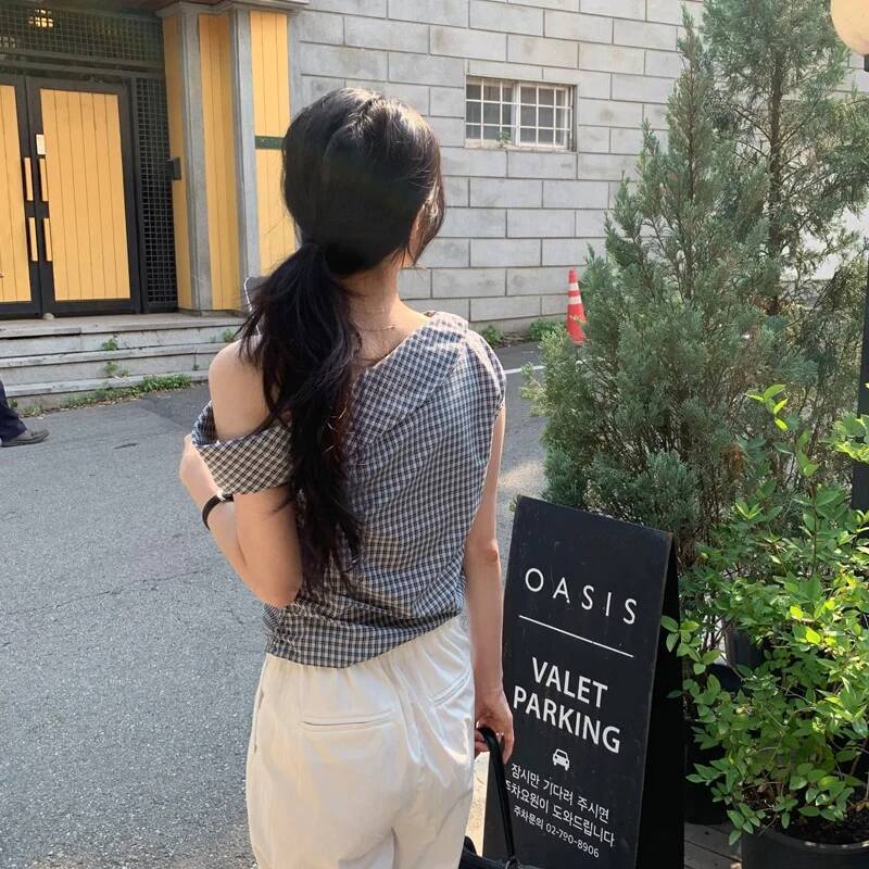 Vintage Plaid Shirts Women Harajuku Aesthetic Sexy Skew Collar Blouses Summer Ladies Korean Ruffles Patchwork Casual Design Tops dongdumaoyi
