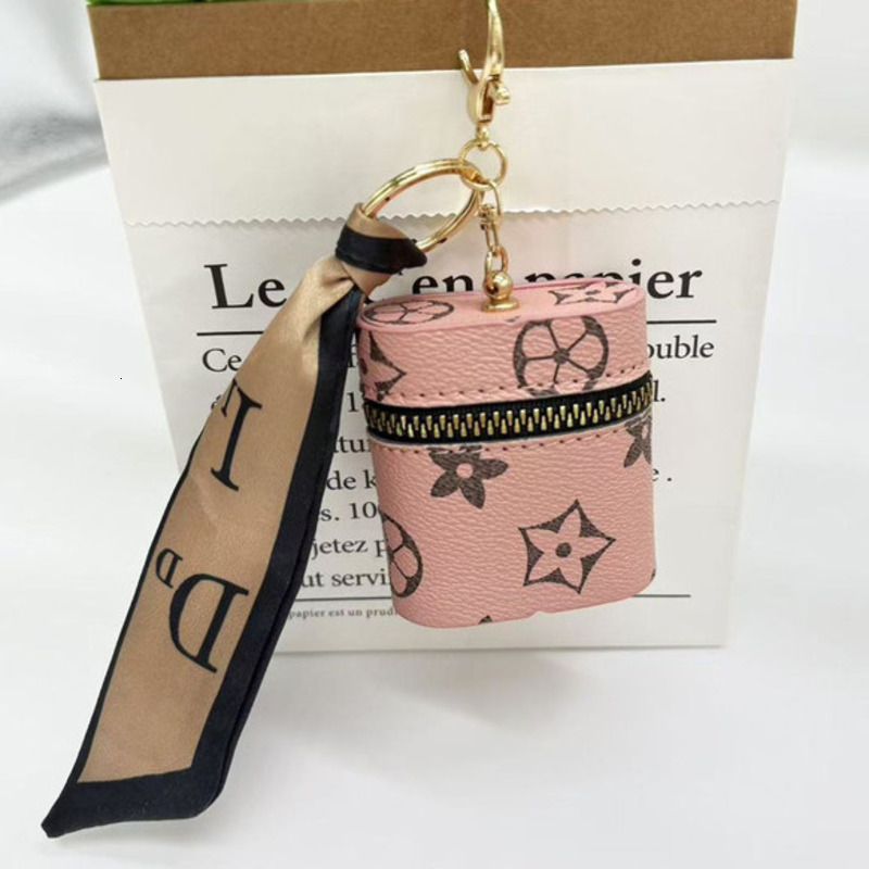 Luxury Designer Mini Cylinder Floral Coin Purse, Zipper Portable Storage Pouch with Silk Scarf Carabiner Keyring