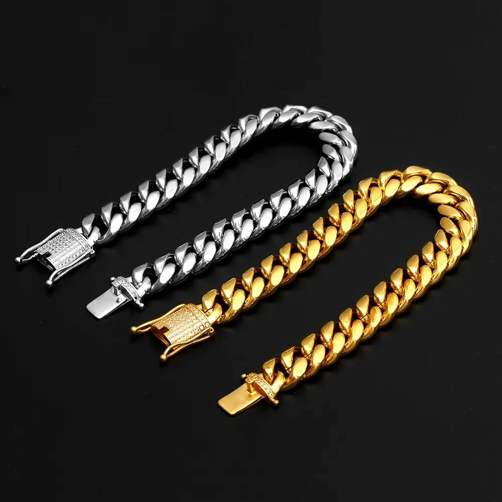 Hip Hop 12mm Cuban Stainless Steel Bracelet Pulseras Cubanas 18k Gold Plated Bangle Bracelet Men