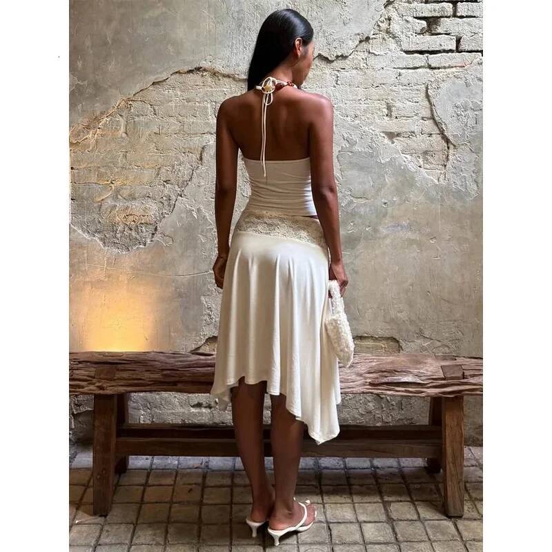 Sexy Lace Patchwork Sling Top Irregular Skirt Suit Women Cropped Halter Tops Pleated Skirts Set Lady Summer Holiday Outfit dongdumaoyi