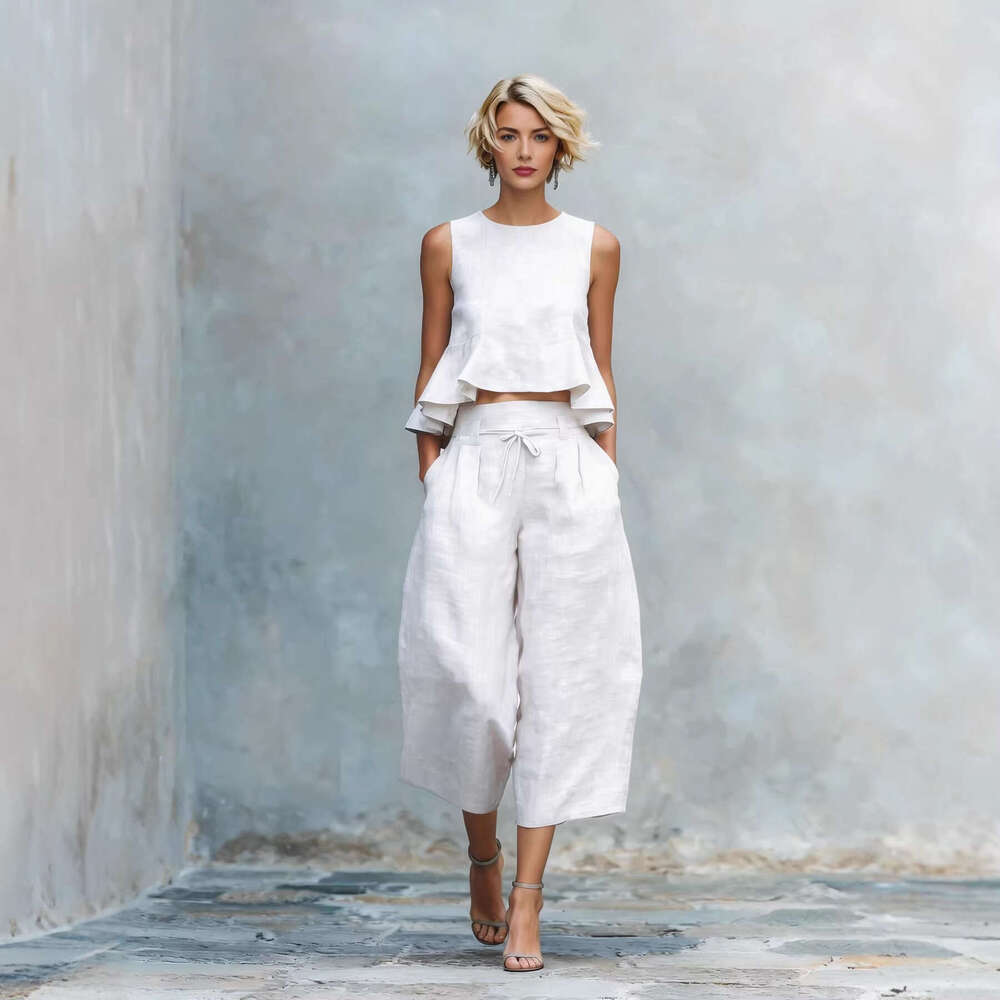 2026 New Arrival Summer Women Linen Blend Ruffle 2 Piece Set Casual Loose Streetwear Outfits MAKOUFEI MAKOUFEI