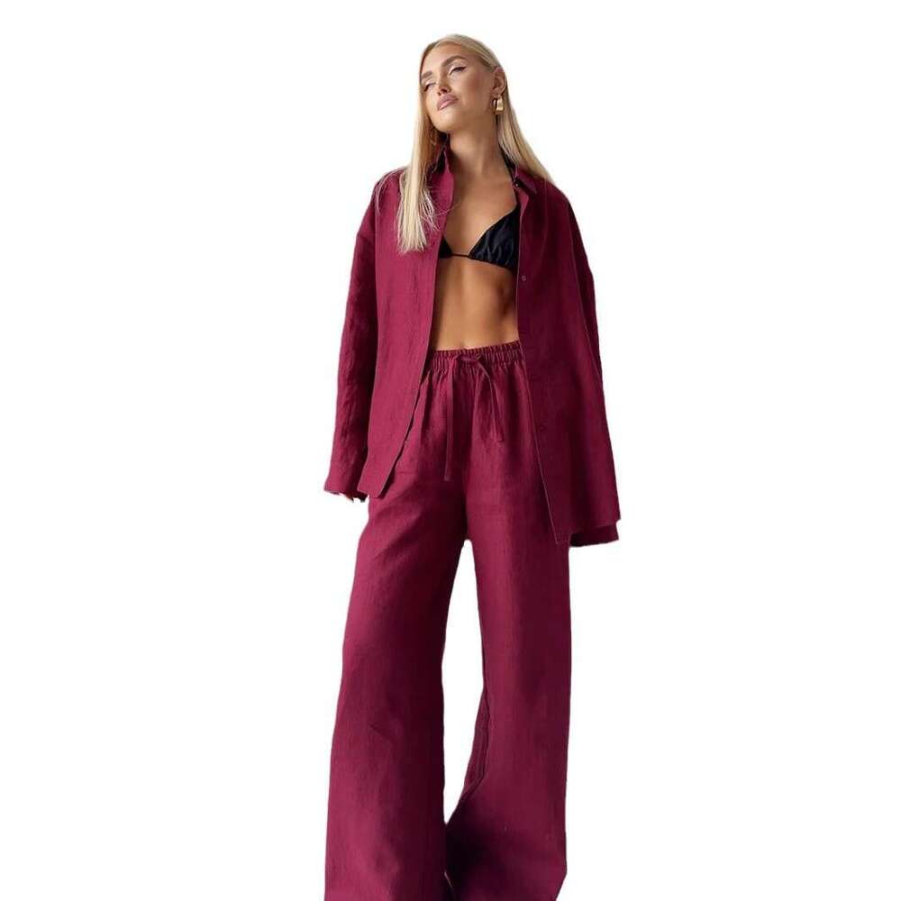 2026 New Spring Summer Women Casual 2 Piece Set Loose Long Sleeve Cotton Shirt & Pants European American Fashion Outfits MAKOUFEI