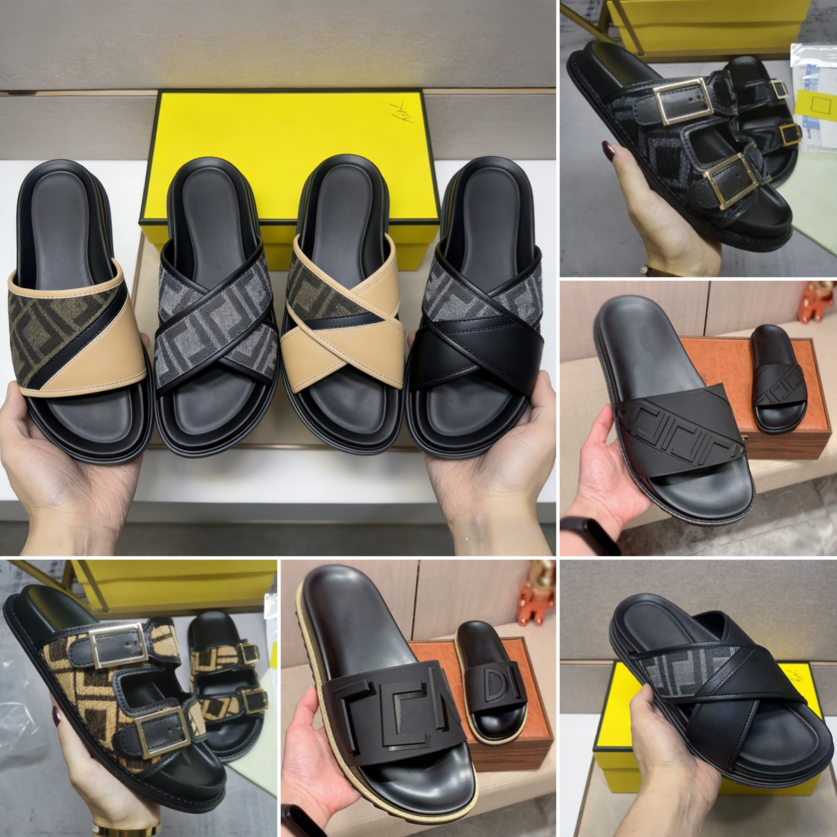 Men Luxury Designer Slides Sandals Casual Flat Beach Slippers FF Letter Printing Leather Sandals Mens Mules Shoes Summer EU 38-45
