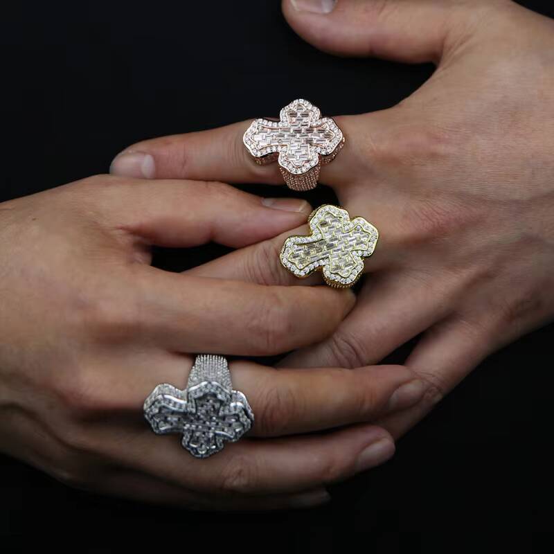 925 Sterling Silver Gold/Silver Plated Fine Fashion Mens Iced Out Hip Hop Style Cross Shape VVS Moissanite Ring