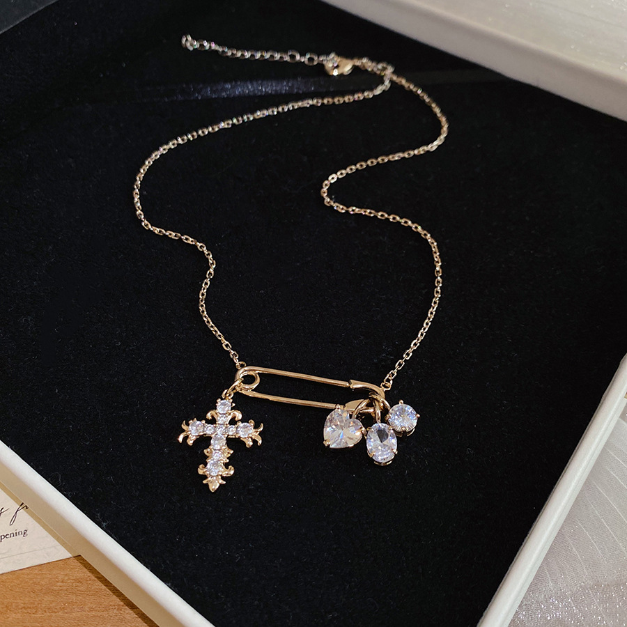 Sweet and Cool Girl's Pin Necklace with Full Diamond Heart Cross Pendant, Women's Niche Light Luxury High-End Neck Sweater Chain Accessory - view 4