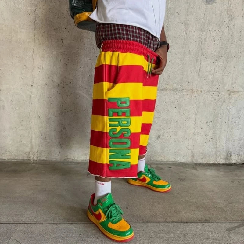 American Drawstring Stripe Knit Capris Shorts, Men's Y2K Casual Vacation Sweatpants Shorts - view 6