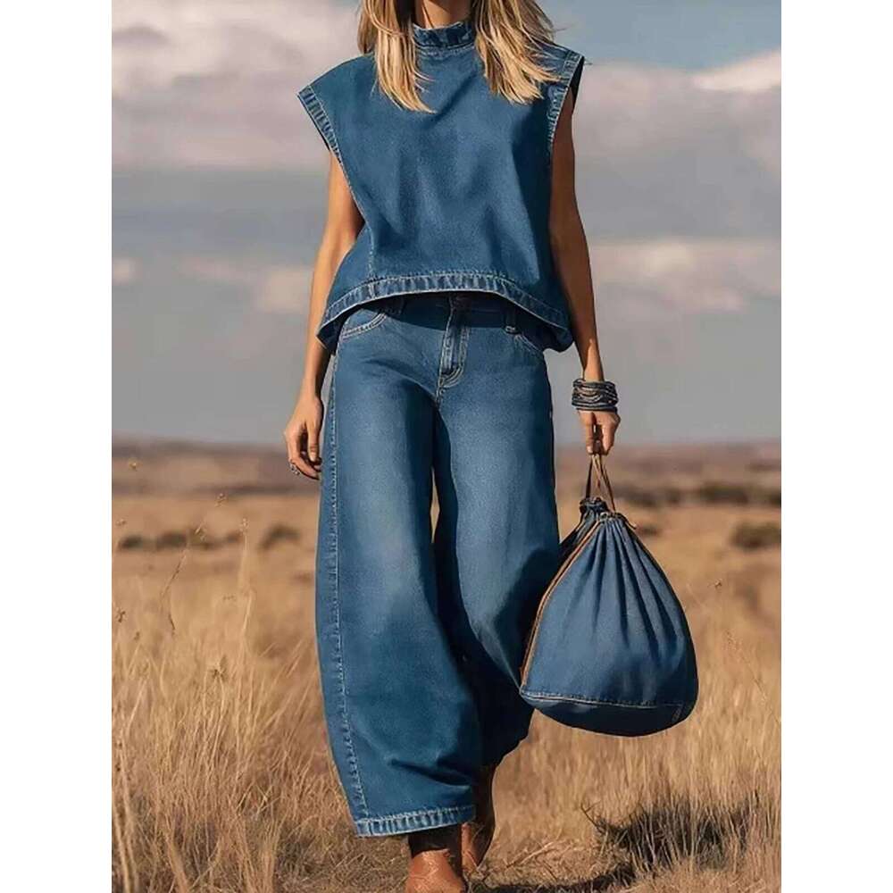 Women's Vintage Western Denim Vest Top Two Piece Set Solid Crew Neck Sleeveless Loose T-Shirt With Wide Leg Pants Y2k Sets WONST