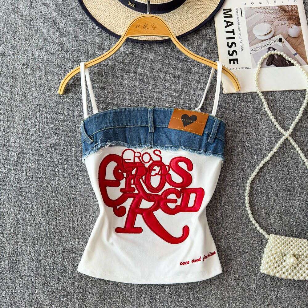 American Retro Style Letter-Embroidered Tube Top For Women, New Summer Fashion Denim Patchwork Camisole