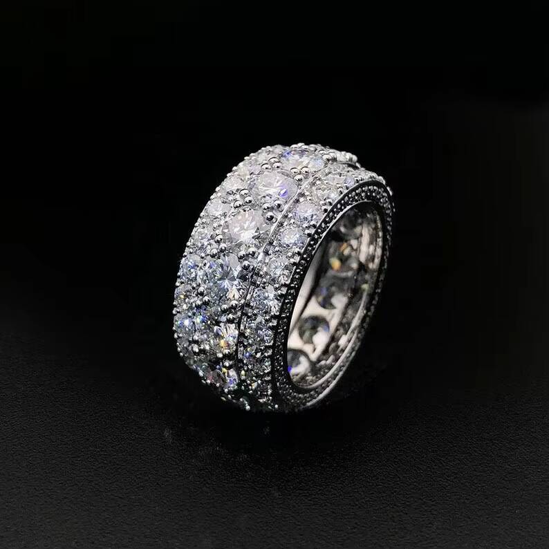 Pass Diamond Test 925 Sterling Silver with Moissanite Diamond Mens Ring Hip Hop Jewelry Rapper Moissanite Band Ring