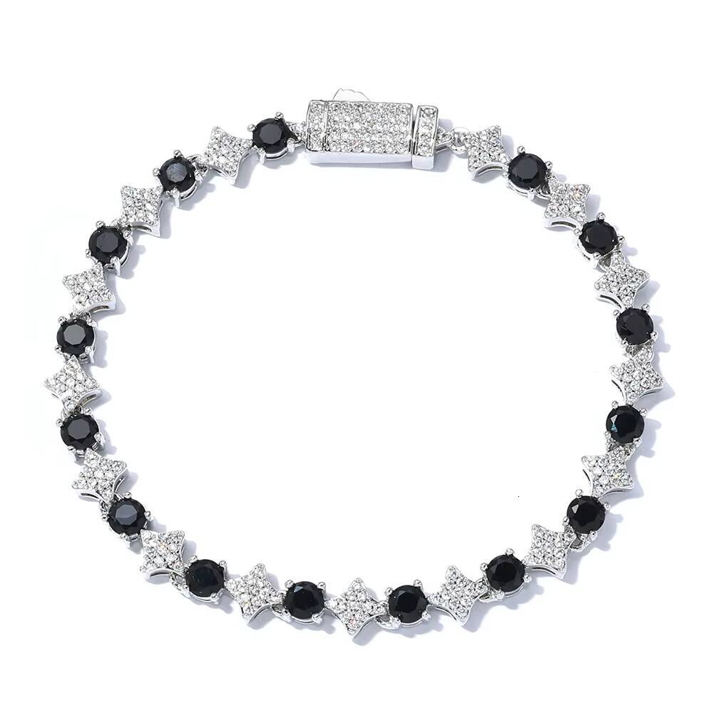 NUOYA High Quality Star Shape Tennis Chain with Black CZ Stone 6mm Silver Plated Tennis Bracelet Hip Hop Jewelry for Women/Men