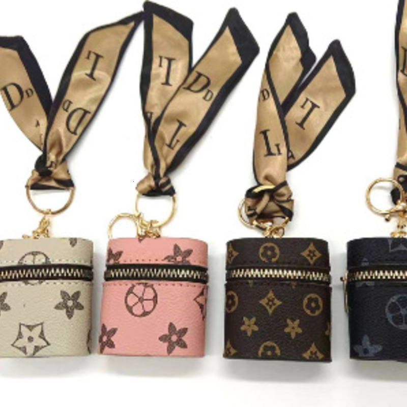 Luxury Designer Mini Cylinder Floral Coin Purse, Zipper Portable Storage Pouch with Silk Scarf Carabiner Keyring