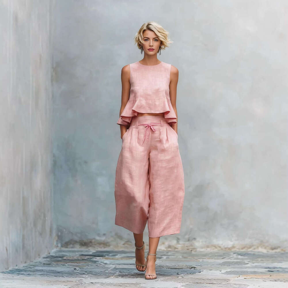 2026 New Arrival Summer Women Linen Blend Ruffle 2 Piece Set Casual Loose Streetwear Outfits MAKOUFEI MAKOUFEI