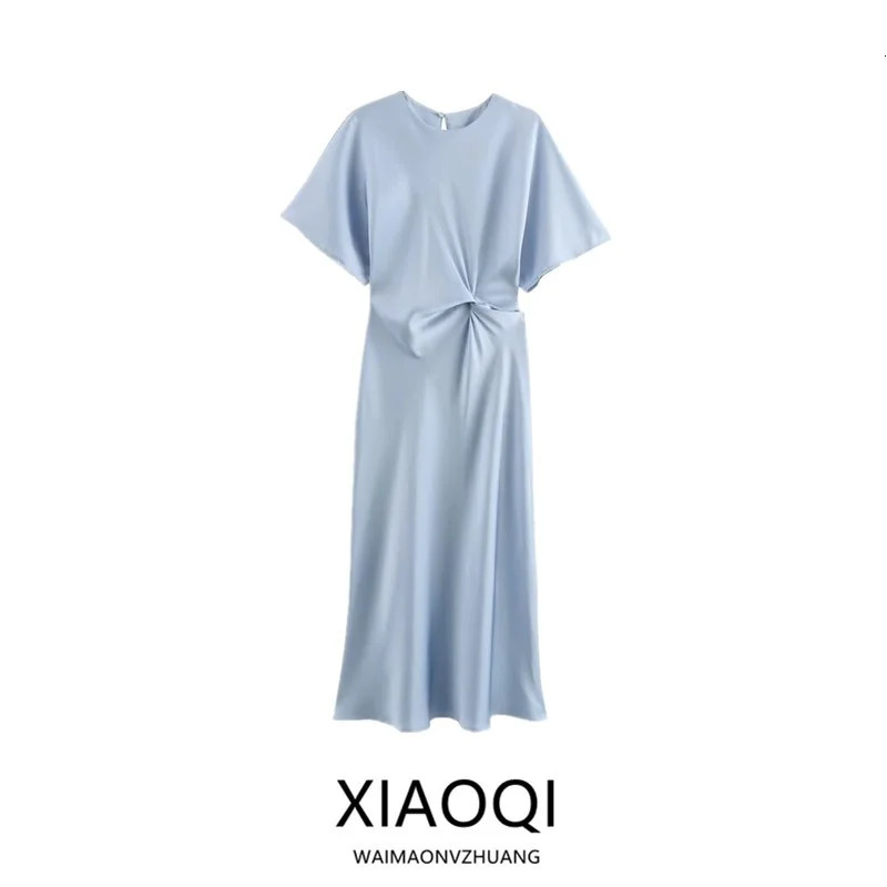 Fall 2024 Womens Silk Satin round Ne ort Sve Dr Ele Faionable Single Piece Precision Cut 260421banjia