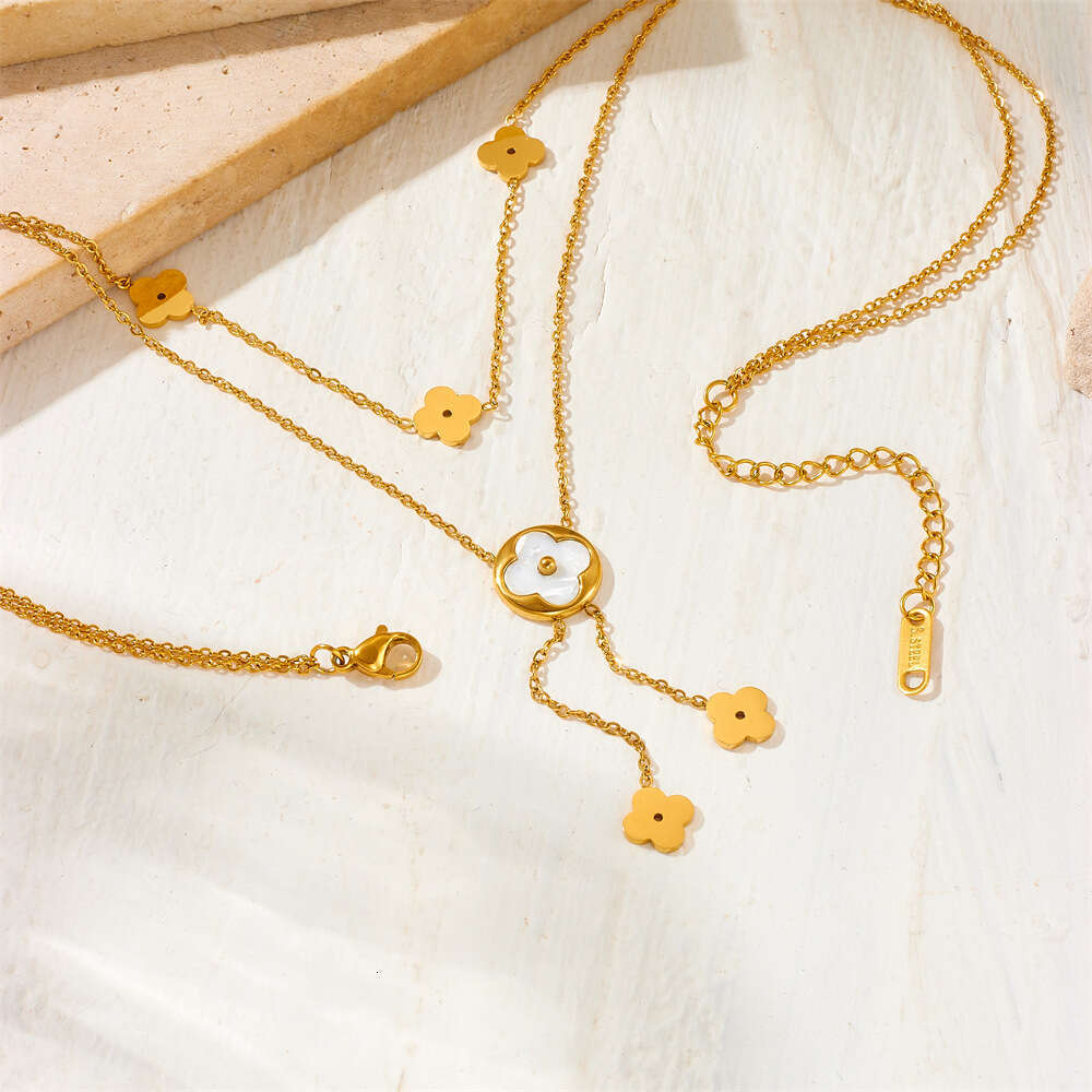 New Fashionable Clover Necklace, Versatile Exquisite, Double-Layer Titanium Steel, Non-Fading, Simple And Light Luxury Ins-Style Collarbone Chain