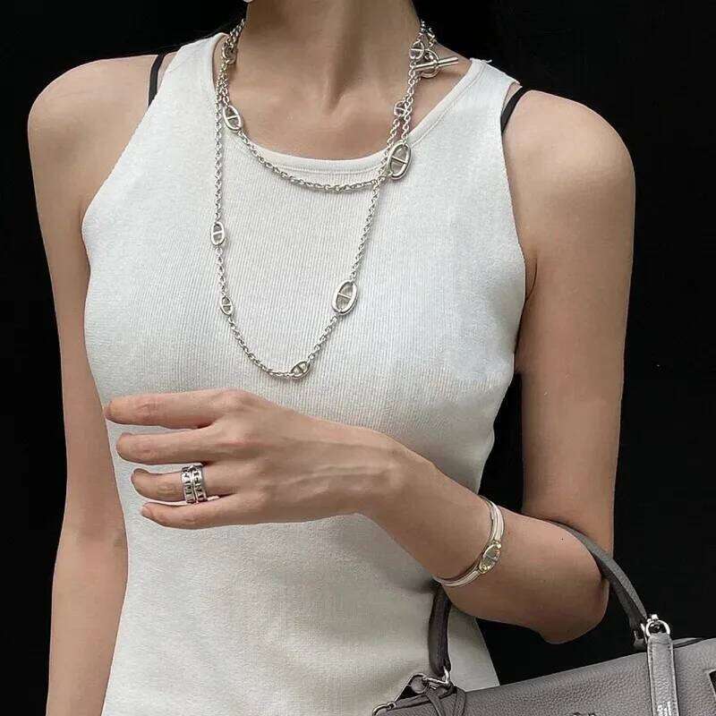 Fashion Stainless Steel Long Pig Nose Necklace For Women Sweater Chain Non Fading Summer Clothes O Link Jewelry Gifts