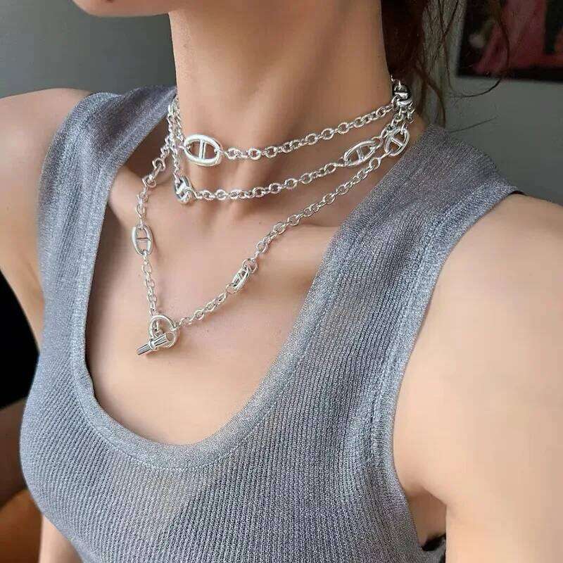 Fashion Stainless Steel Long Pig Nose Necklace For Women Sweater Chain Non Fading Summer Clothes O Link Jewelry Gifts