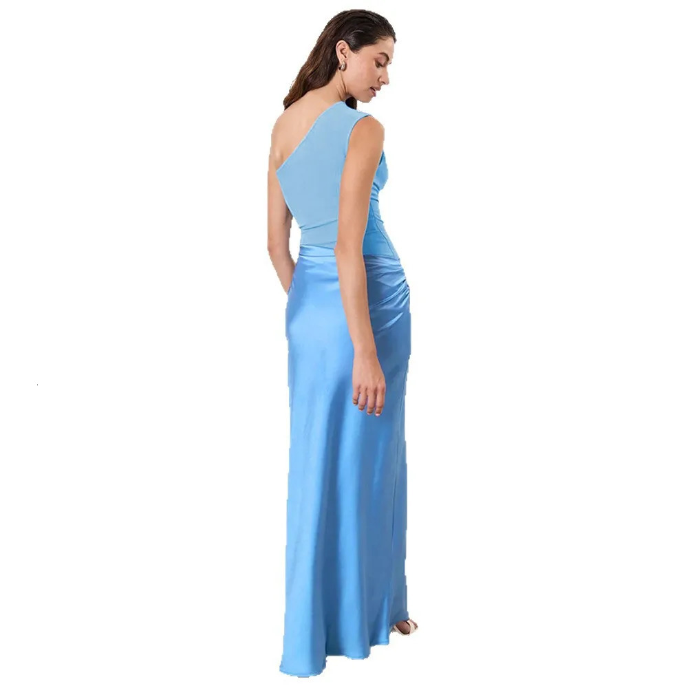 2025 One-shoulder Satin Sexy Sleeveless Maxi Dress Women Fashion Patchwork Slim Dress Female Elegant Evening Party Robes 260422BJ - view 3