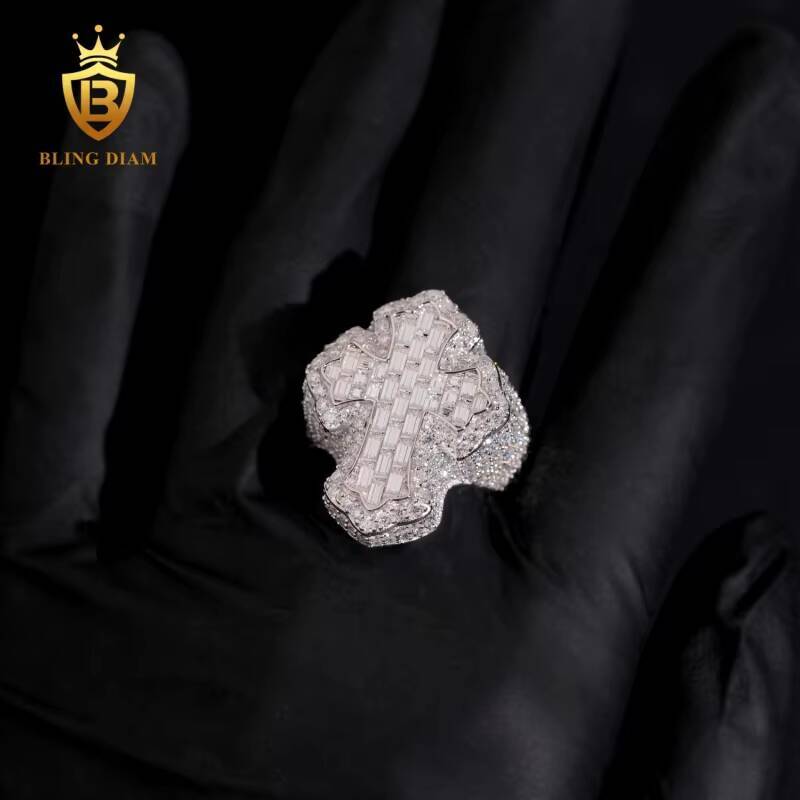 USA Local Stock Hip-Hop Jewelry 925 Sterling Silver Vvs Moissanite Gra Certifficate Iced Out Jesus Cross Rings for Mens