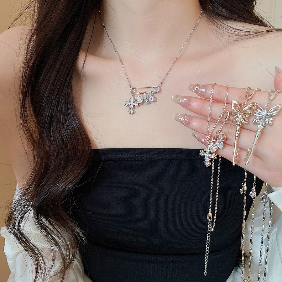 Sweet and Cool Girl's Pin Necklace with Full Diamond Heart Cross Pendant, Women's Niche Light Luxury High-End Neck Sweater Chain Accessory - view 3