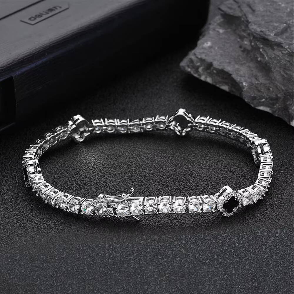 NUOYA Luxury Hip Hop Tennis Chain Bracelet Iced Out VVS Moissanite S925 Silver Four-Leaf Clover Tennis Chain Gift for Men Women