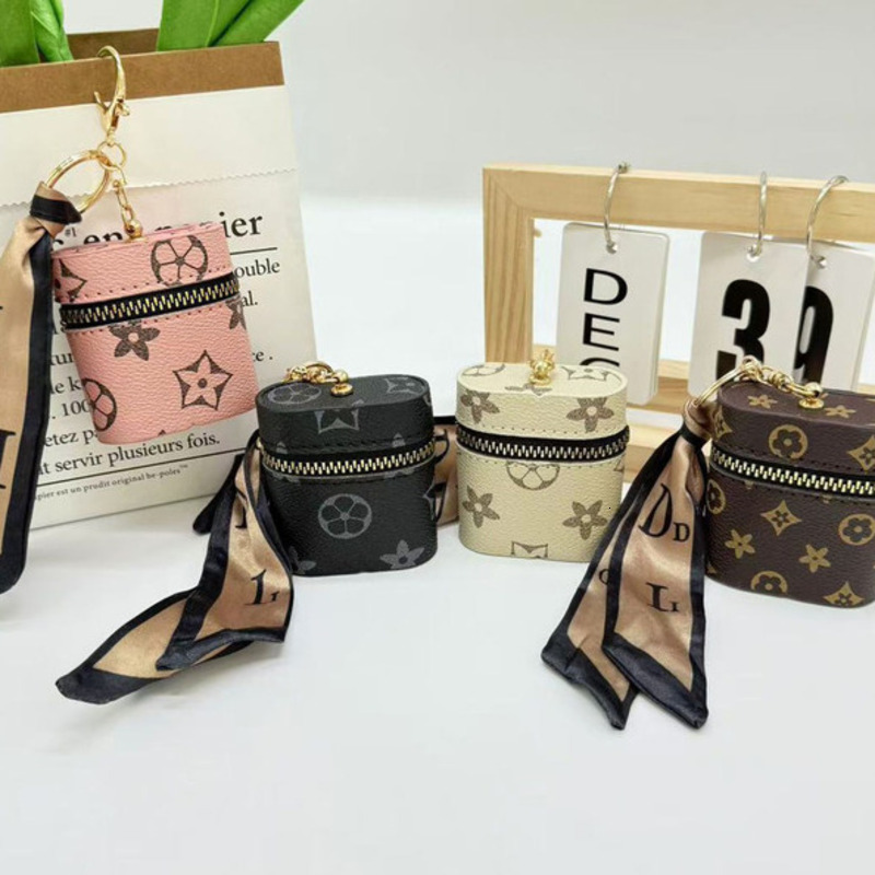 Luxury Designer Mini Cylinder Floral Coin Purse, Zipper Portable Storage Pouch with Silk Scarf Carabiner Keyring
