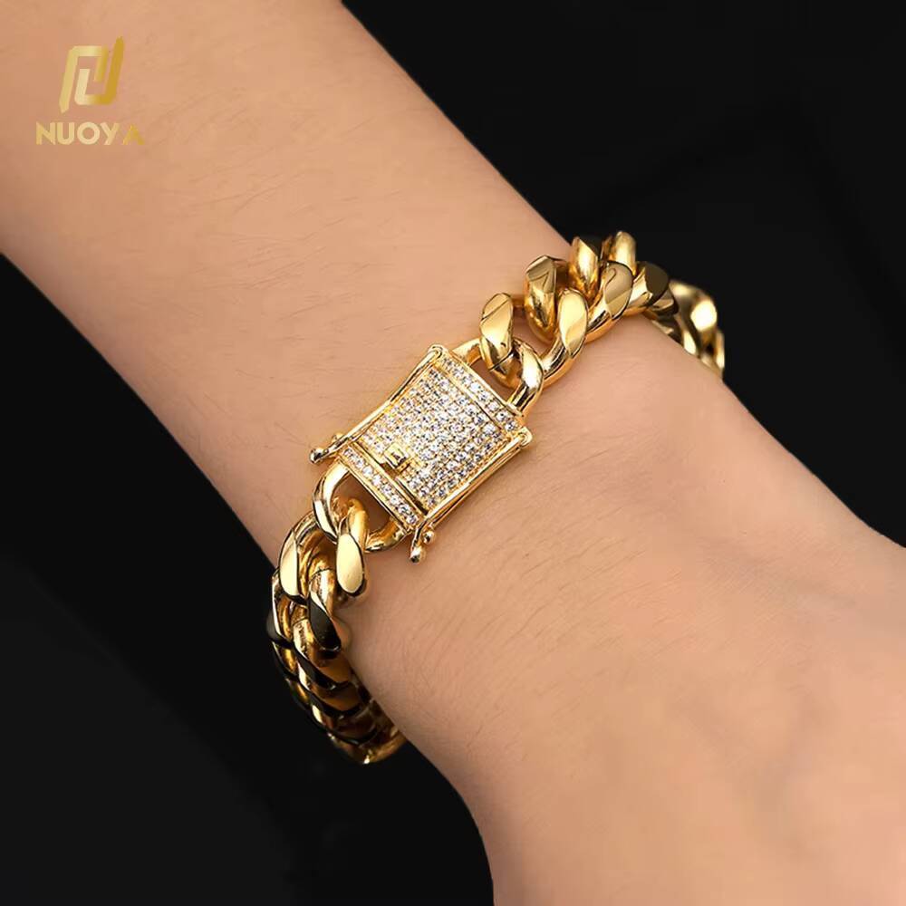 Hip Hop 12mm Cuban Stainless Steel Bracelet Pulseras Cubanas 18k Gold Plated Bangle Bracelet Men